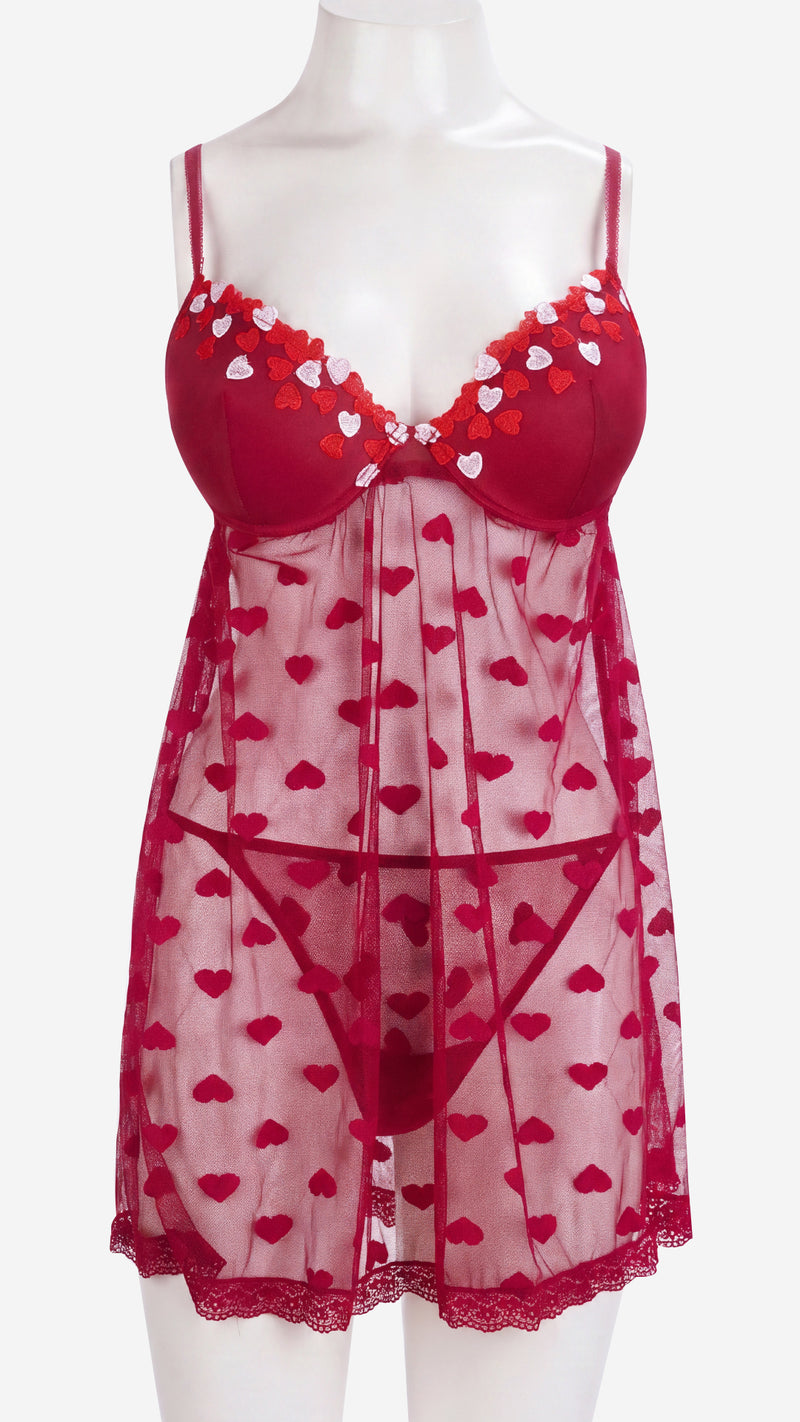 Padded Wired Babydoll | Power Net Self-Design Heart Lingerie