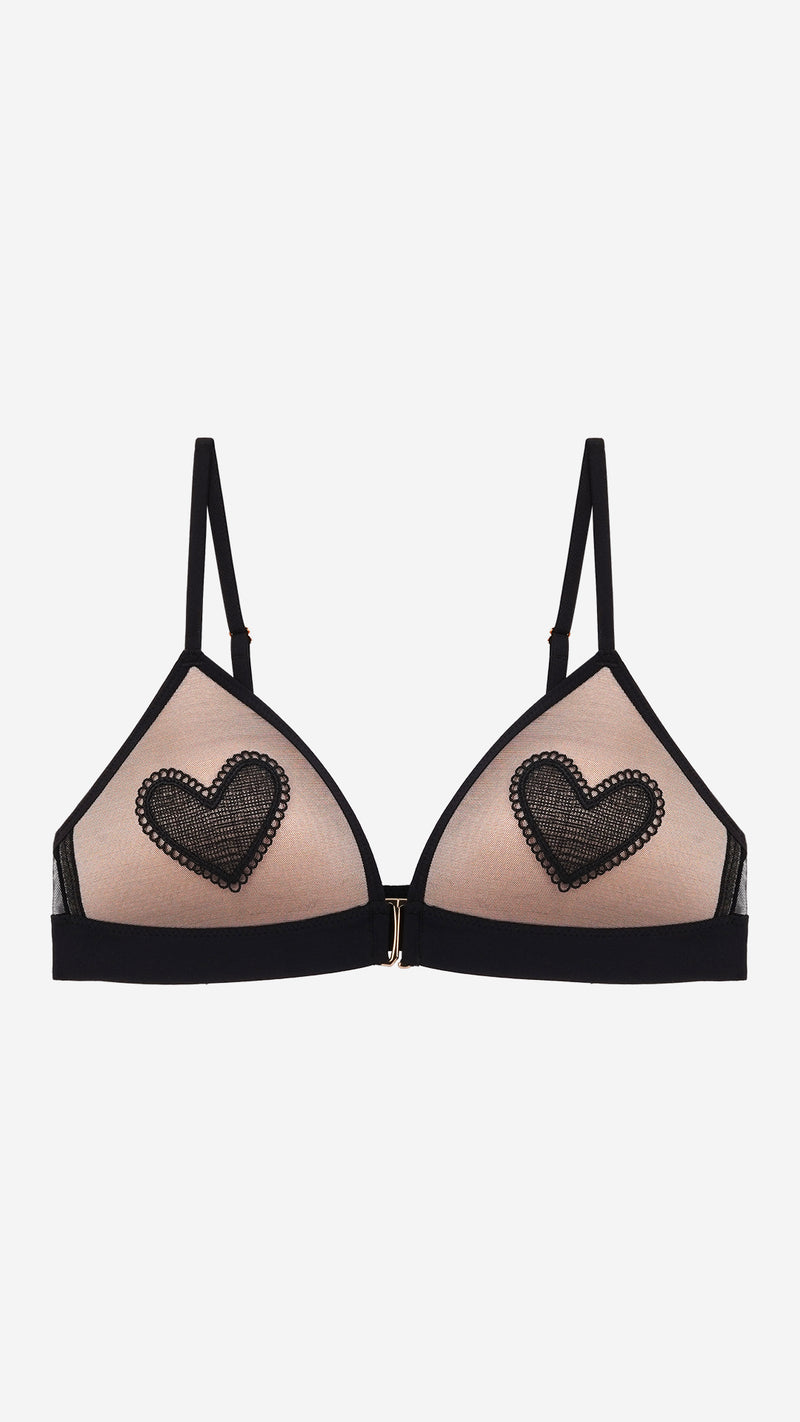 Black Heart Embroidered Front-Open Bralette