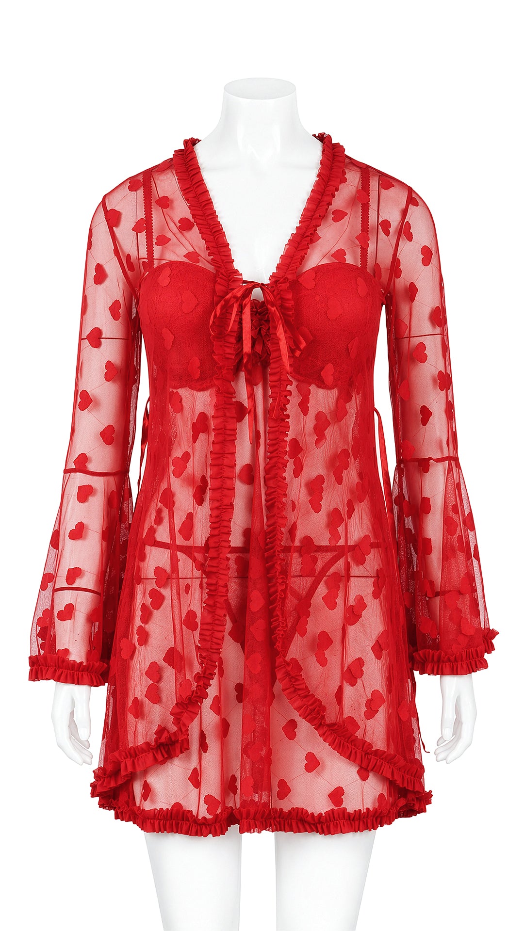 Sheer lace robe with tie front on mannequin, front view