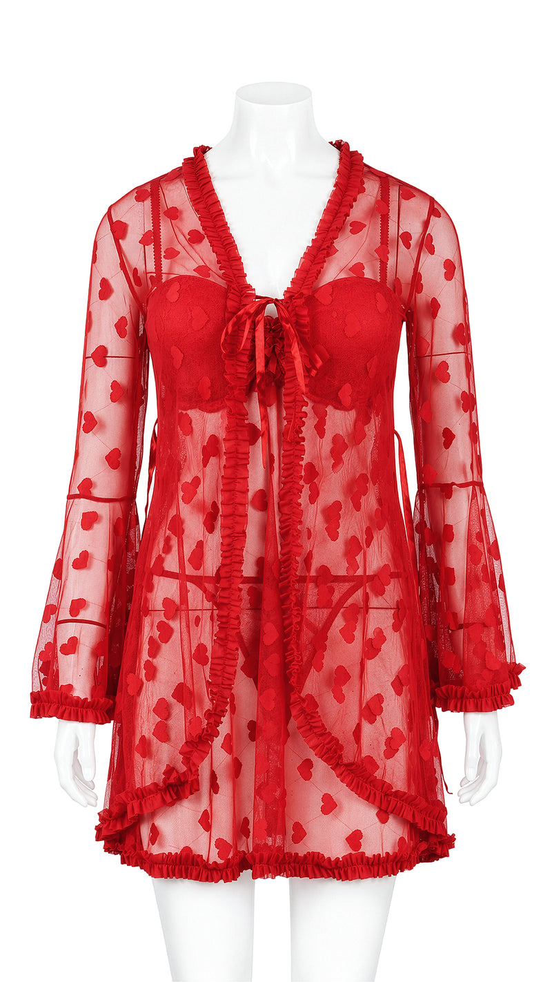 Sheer lace robe with tie front on mannequin, front view