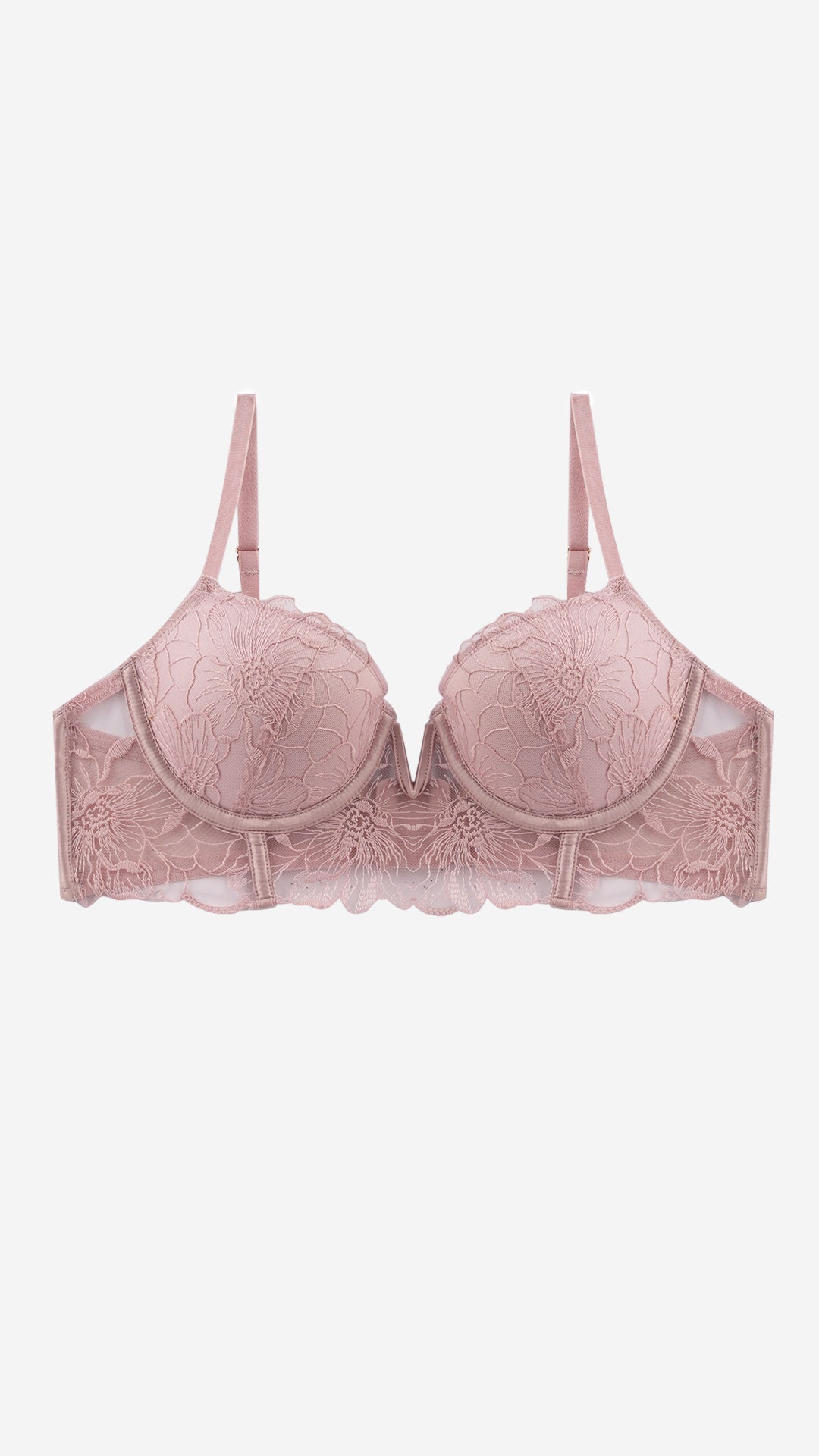 Pink floral lace balconette bra on white background, front flat lay