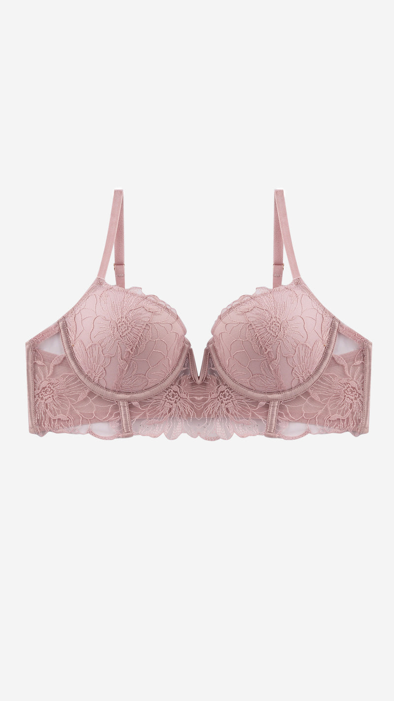 Pink floral lace balconette bra on white background, front flat lay