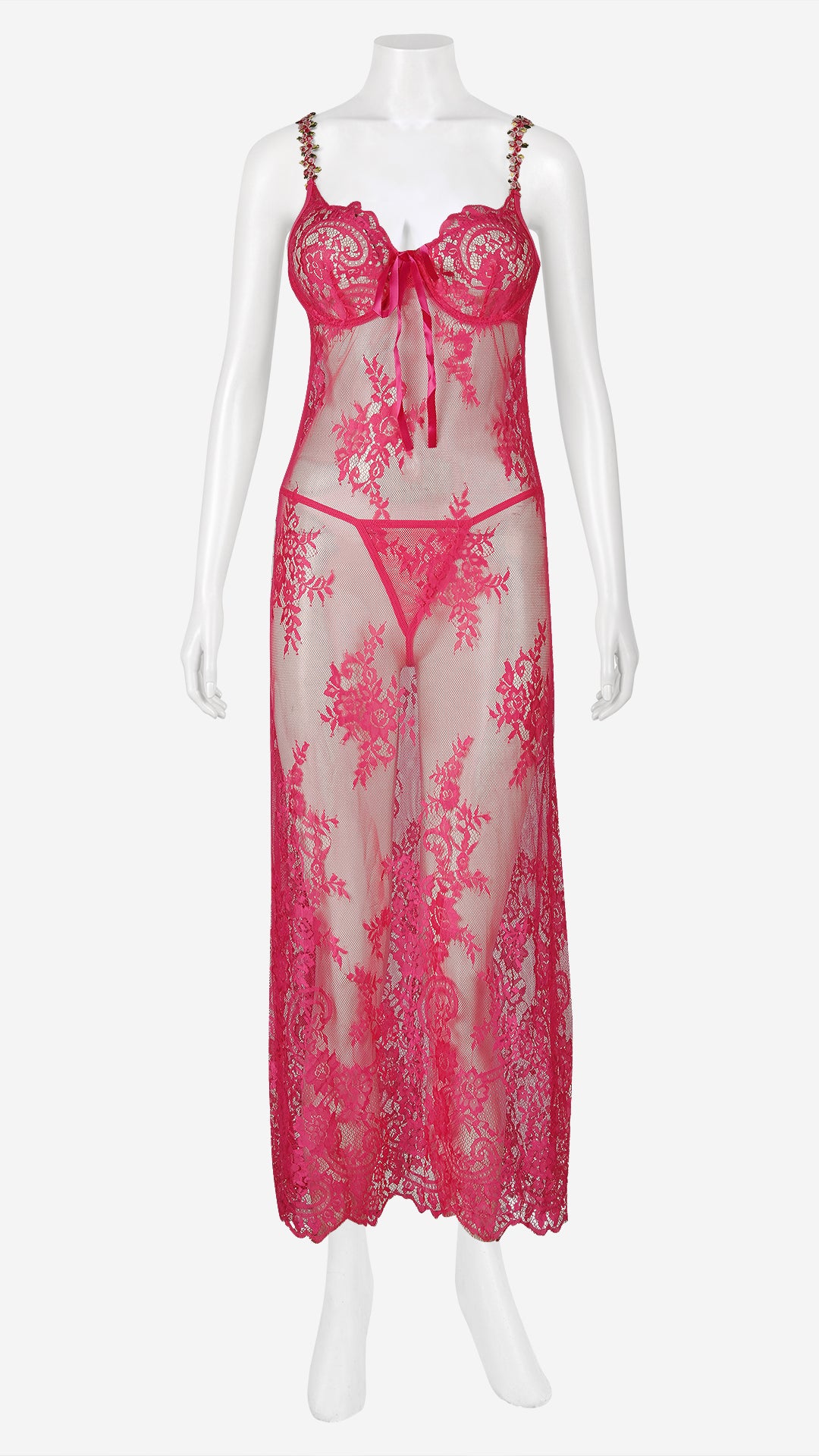 Pink Sheer Lace Long Nightgown with Thong