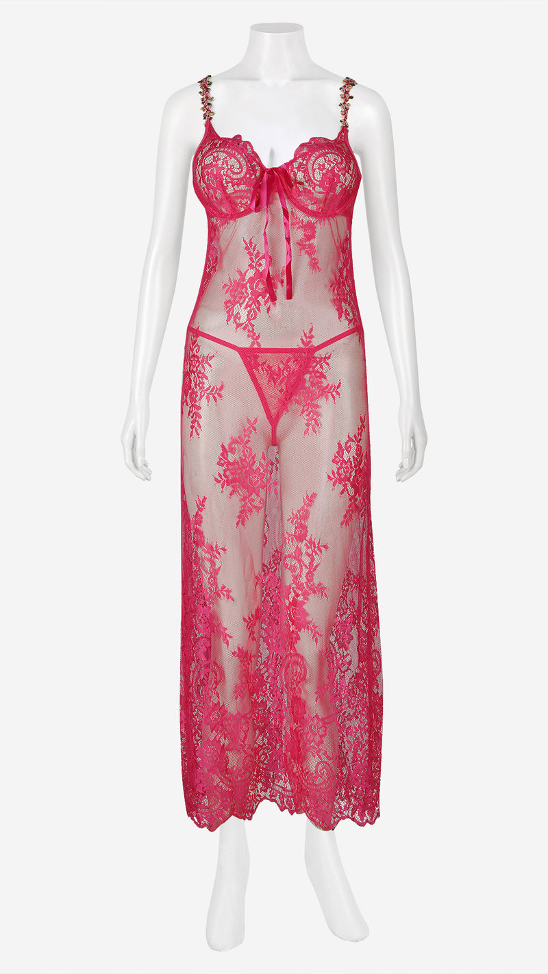 Pink Sheer Lace Long Nightgown with Thong