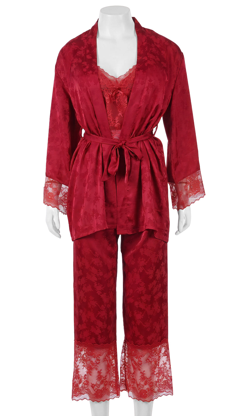 Red satin robe over lace cami and pyjama set on mannequin, front view