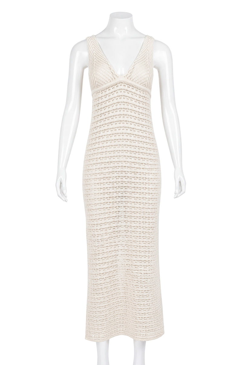 Front view of beige crochet maxi dress on mannequin