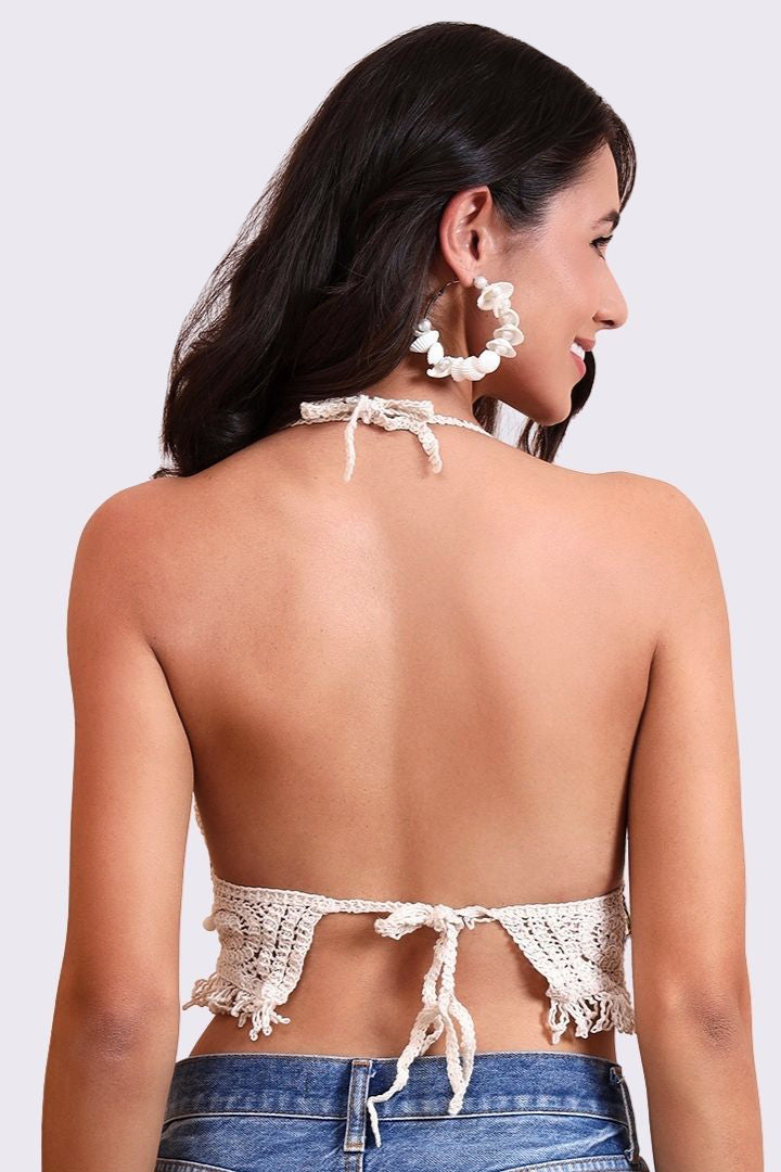 AXTZH Crochet Halter Beachwear Bra Top with Handcrafted Detailing and Playfu-X0169-BEIGE11-BW1PBL