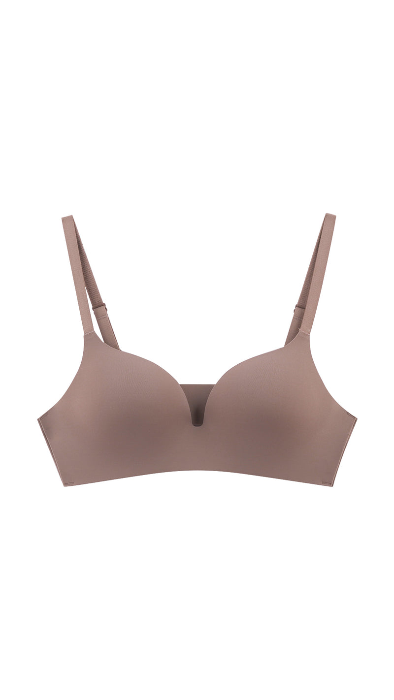 Mauve power mesh plunge bra on white background, front flat lay