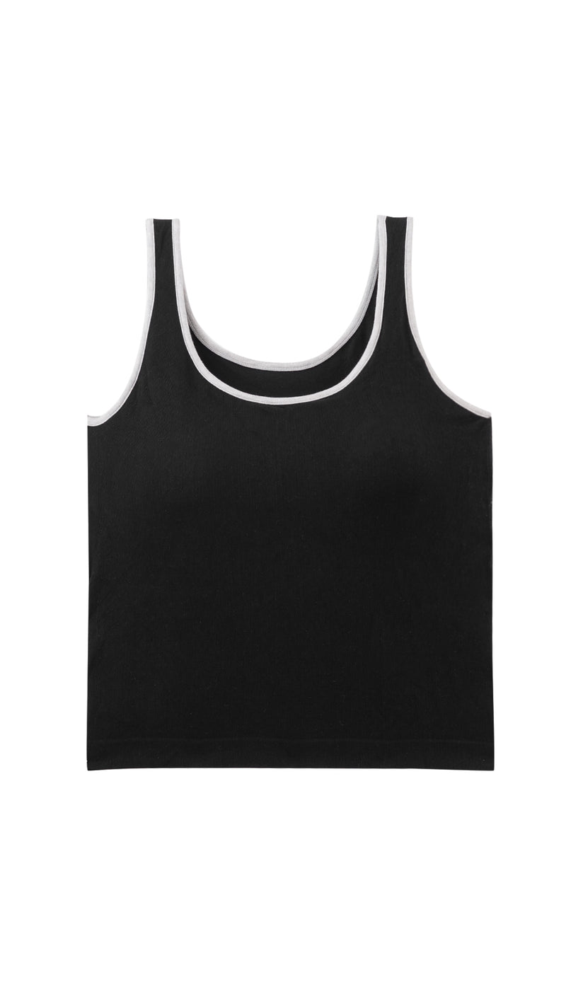 Black contrast-trim tank top flat lay, front view
