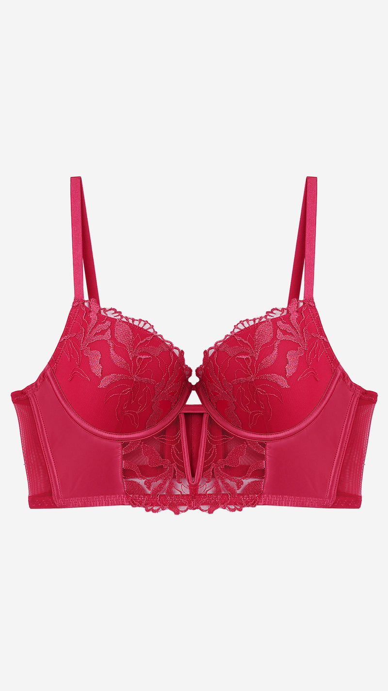 Red Floral Lace Strappy Cutout Balconette Bra