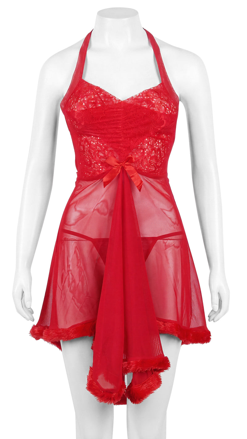 Product shot of red halter babydoll with fur trim on mannequin, front view