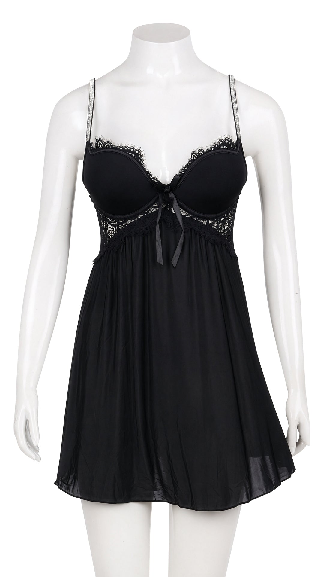 Front view of black lace babydoll on mannequin
