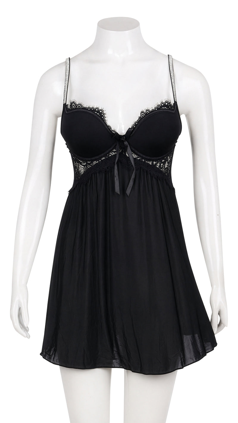 Front view of black lace babydoll on mannequin