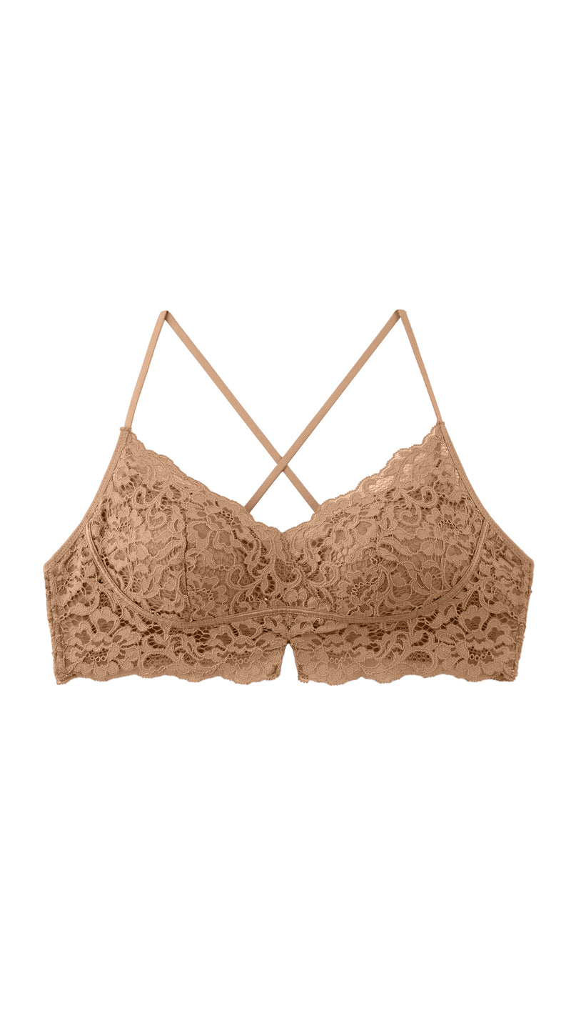 Beige Crisscross Back Lace Bralette flat lay, front view