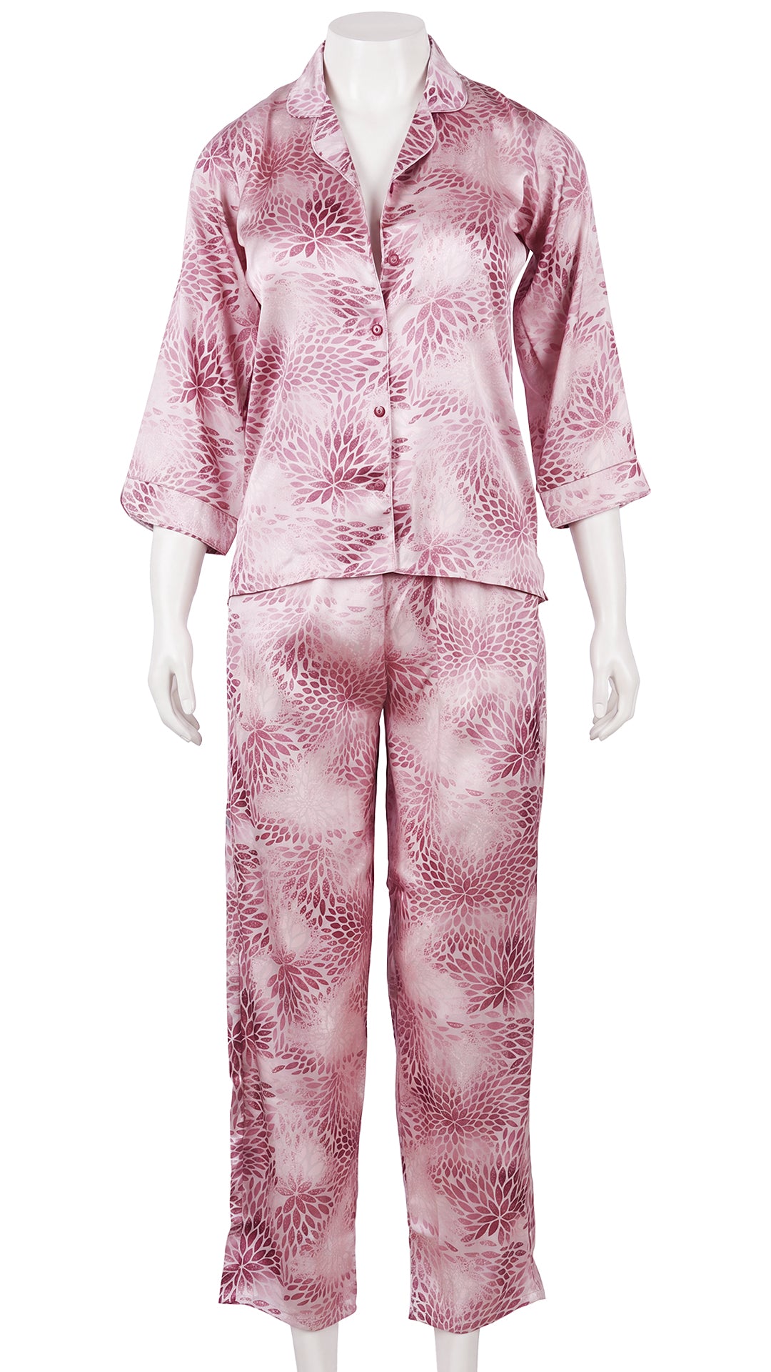 Floral print satin pyjama set on mannequin, front view
