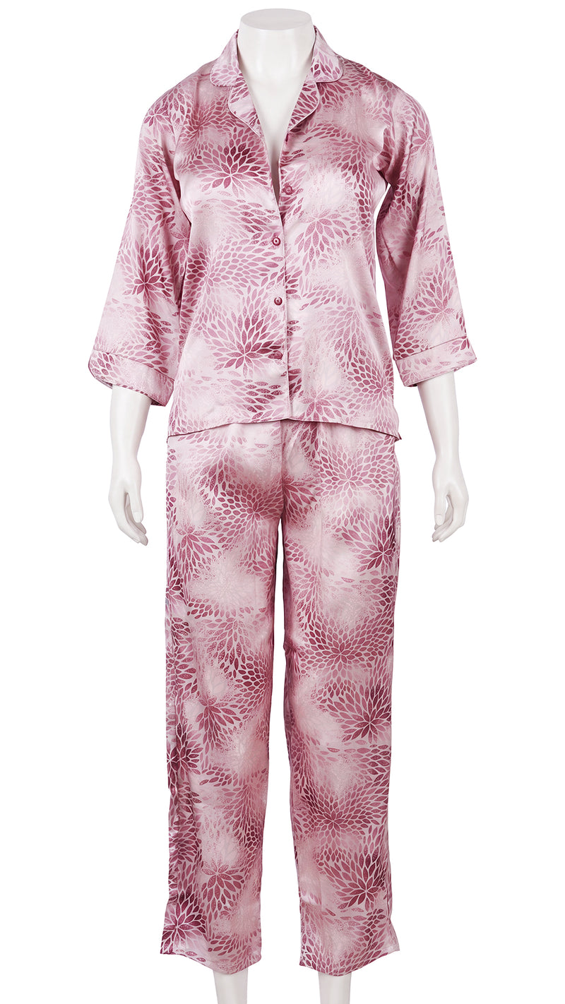 Floral print satin pyjama set on mannequin, front view
