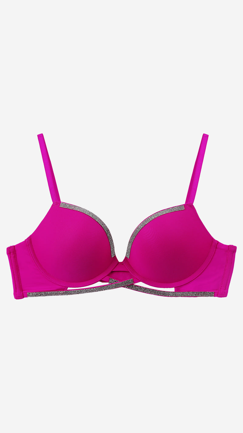 Fuchsia Strappy Push-Up Bra with Diamante Trim