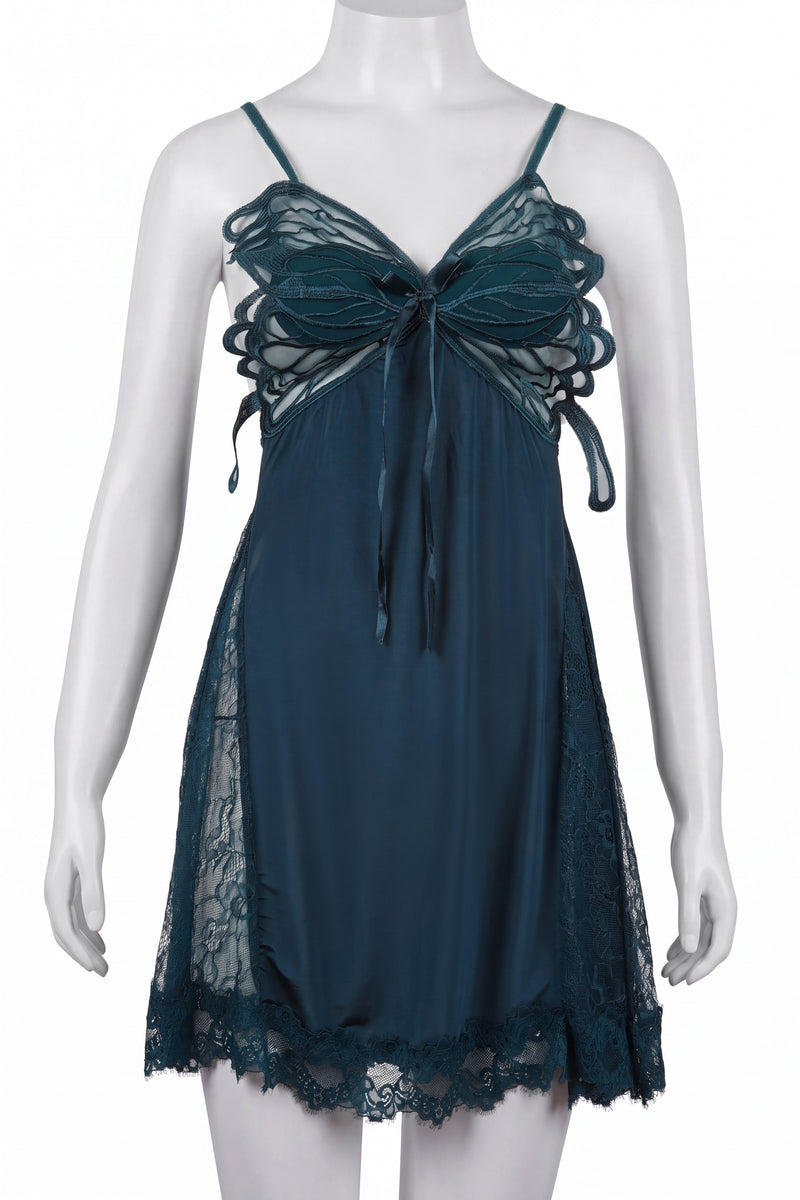 Teal lace babydoll dress displayed on mannequin, front view