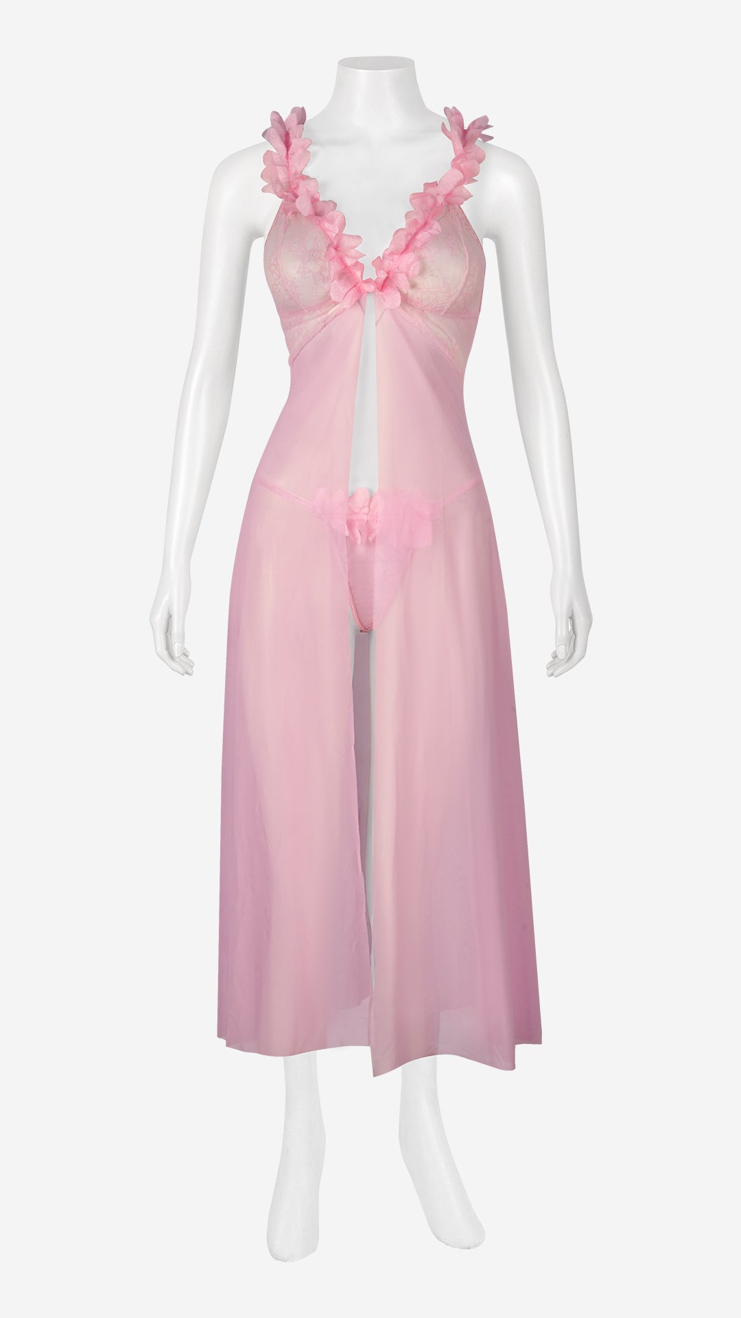 Pink Sheer Floral Trim Long Babydoll Gown