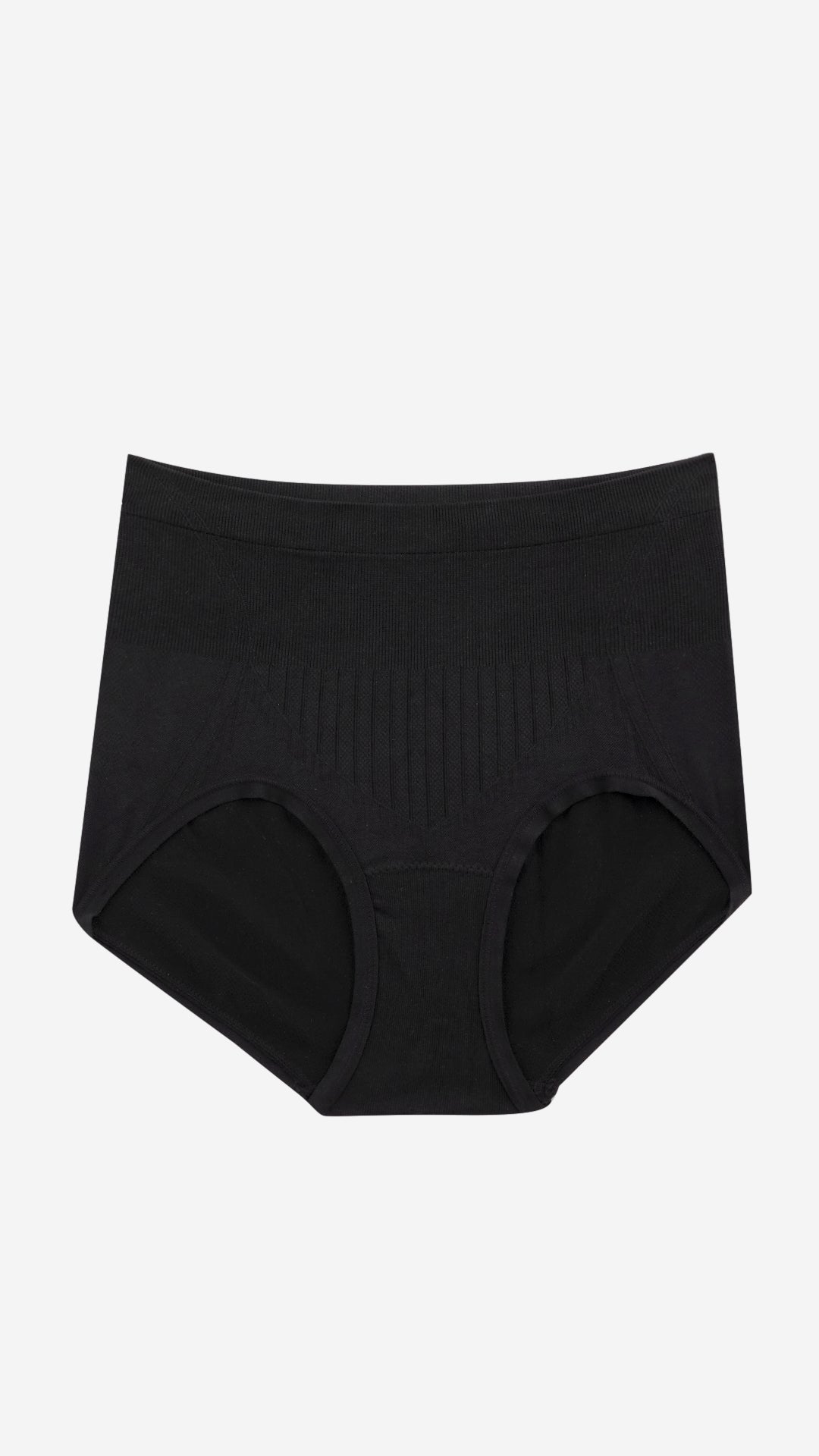 Black high-waist seamless shaper brief on white background, front flat lay