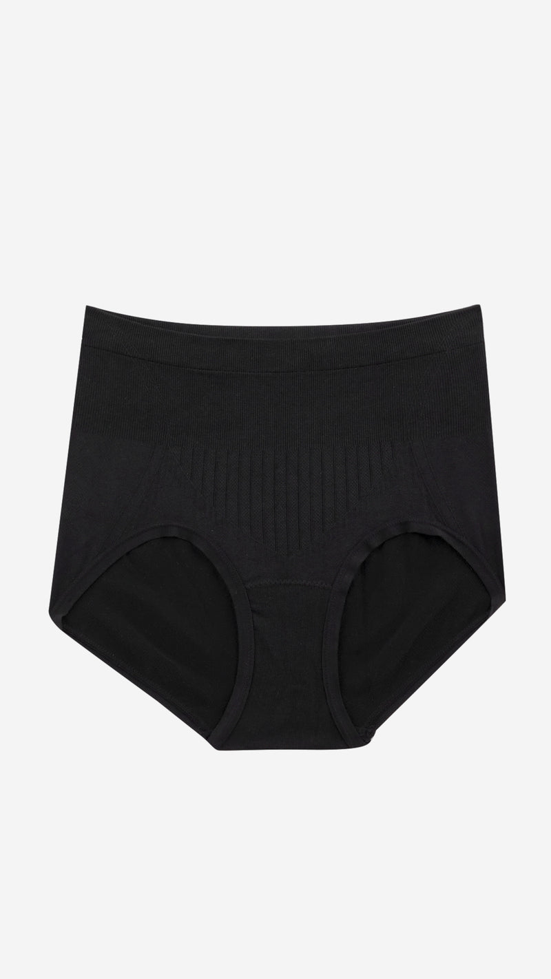 Black high-waist seamless shaper brief on white background, front flat lay