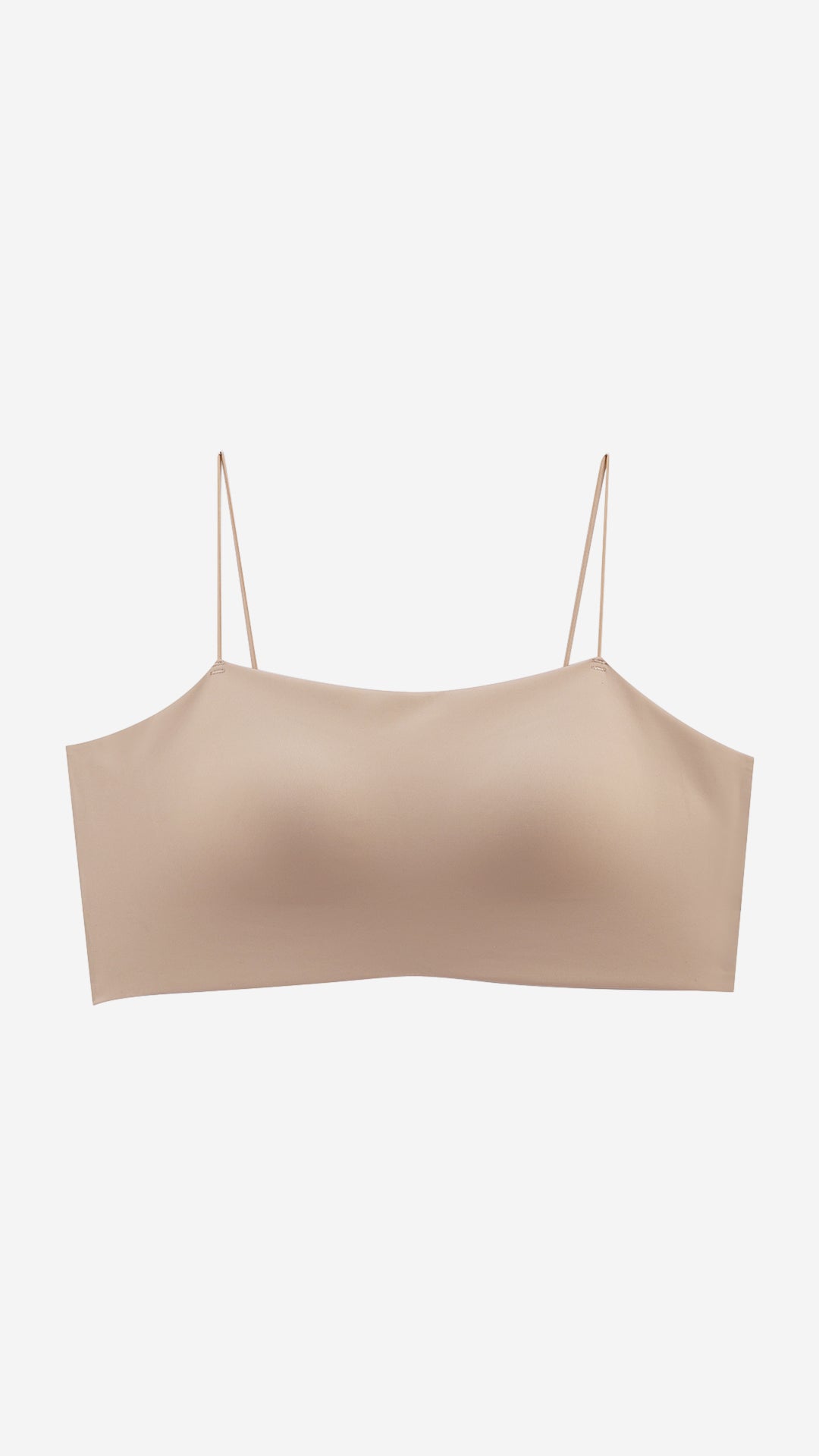 Beige seamless bandeau bralette on white background, front flat lay