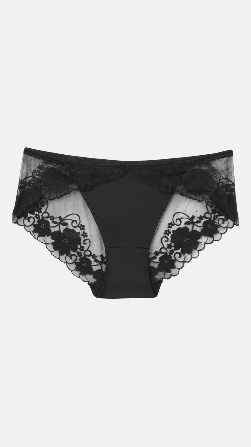 Black Sheer Lace Brief with Floral Trim