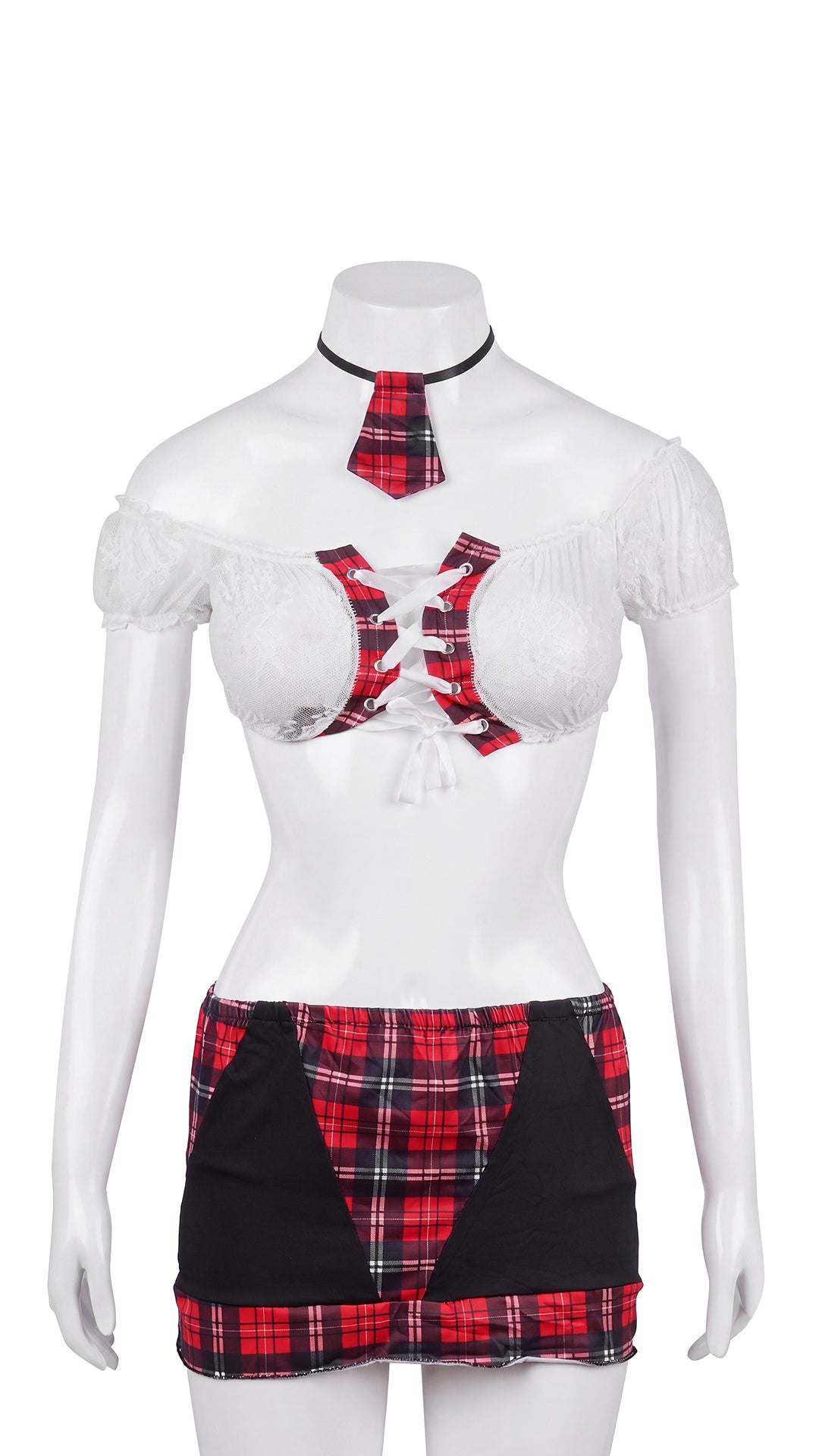 White lace crop top and red plaid mini skirt set on mannequin, front view
