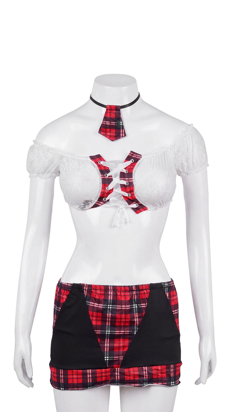White lace crop top and red plaid mini skirt set on mannequin, front view