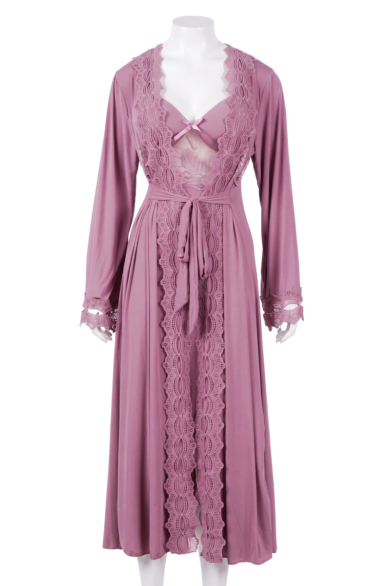 Mauve lace-trimmed robe with butterfly detail on mannequin, front view