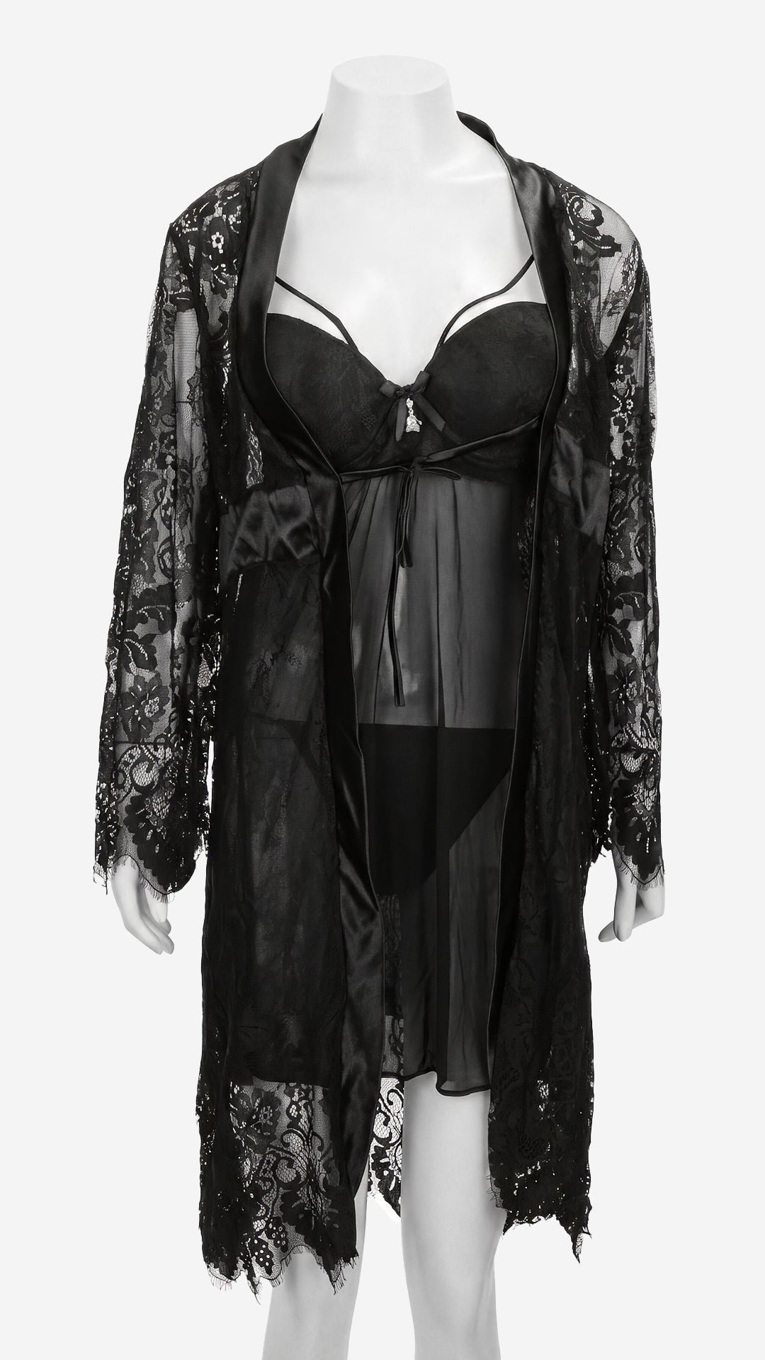 Satin-Trim Lace Robe & Power Net Padded Babydoll Set