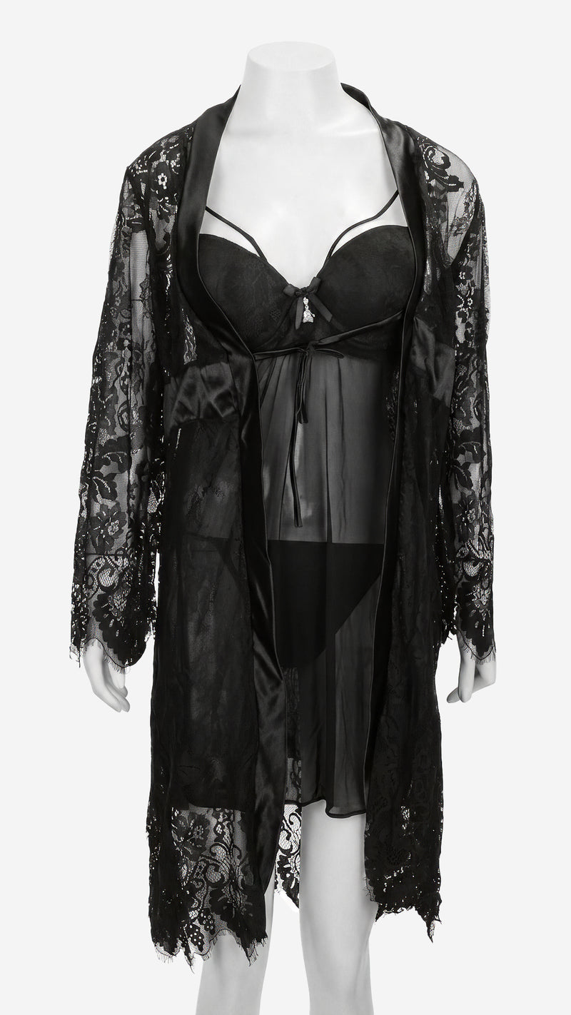 Satin-Trim Lace Robe & Power Net Padded Babydoll Set