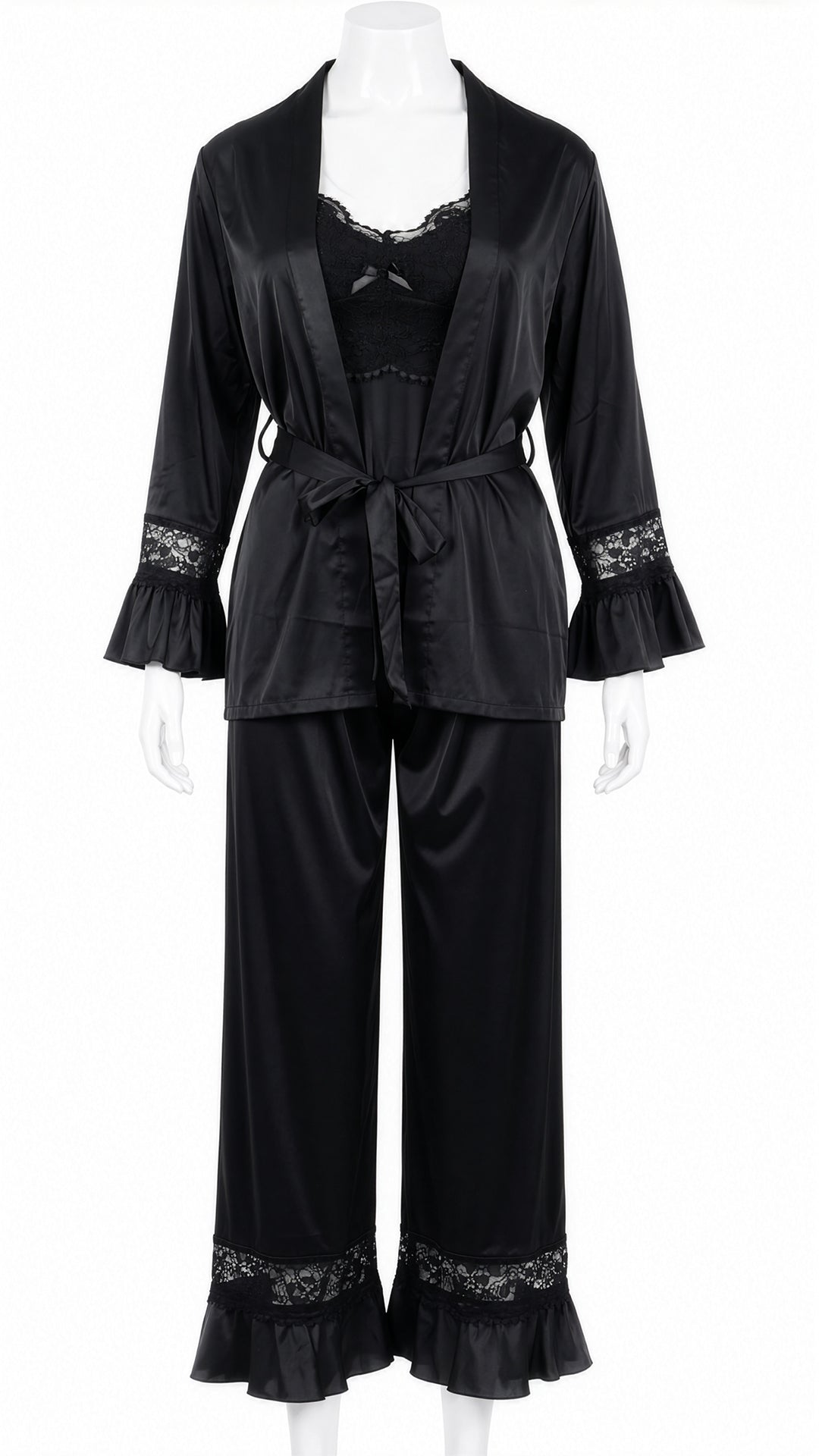 Product shot of black satin robe with lace-trim pants on mannequin