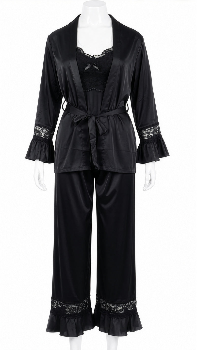 Product shot of black satin robe with lace-trim pants on mannequin