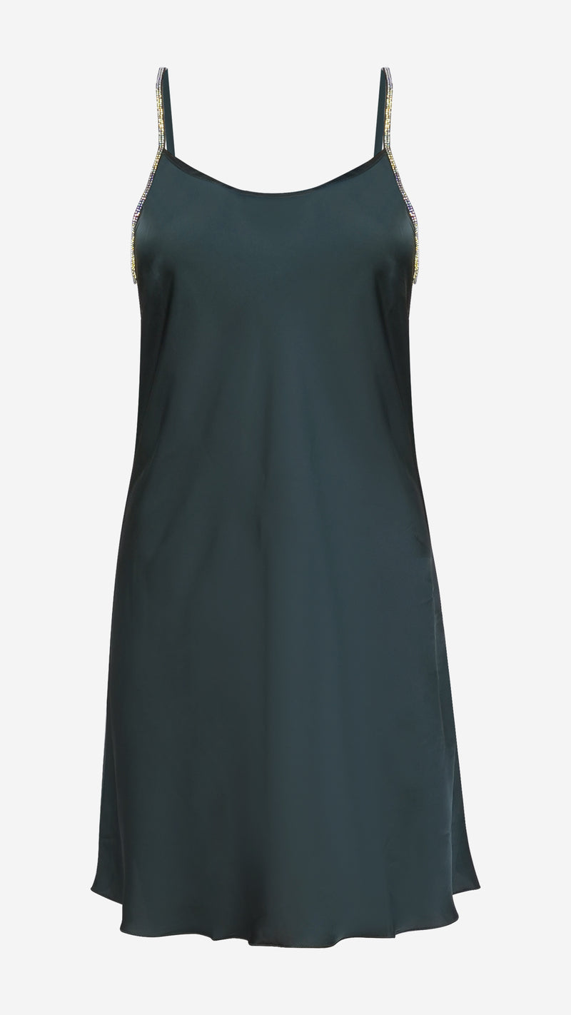 Emerald Satin Slip Dress with Diamante Straps
