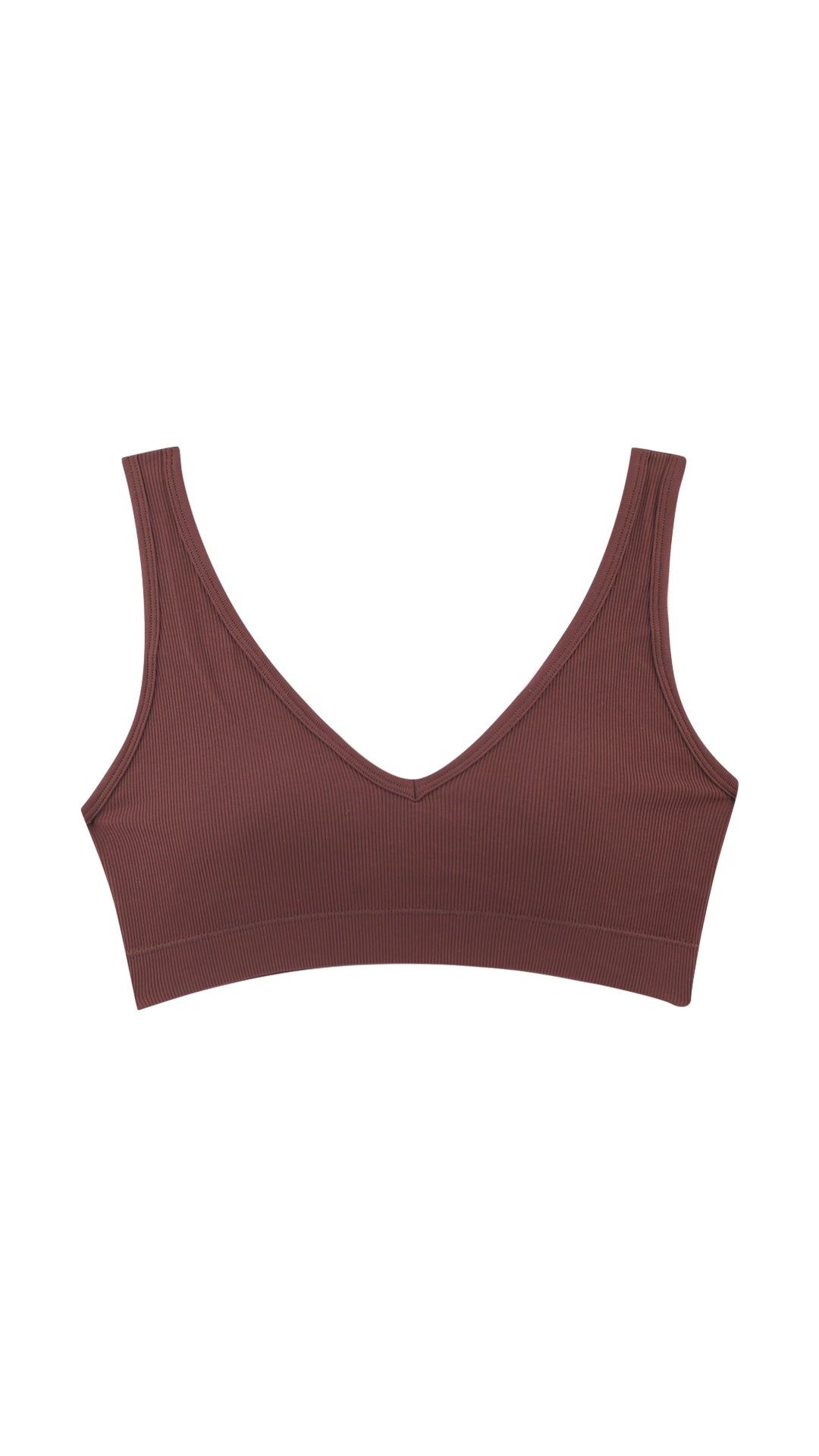 Product shot of V-neck ribbed bra on white background