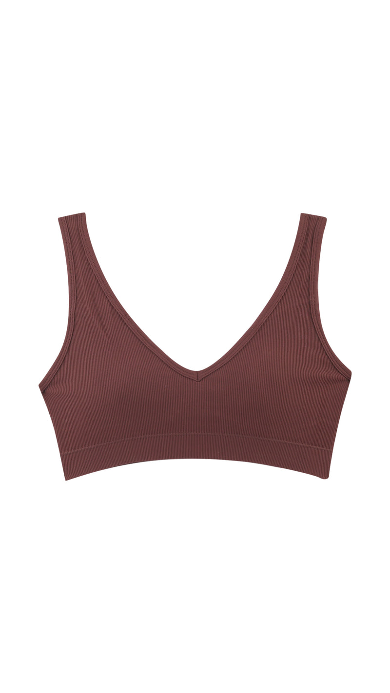 Product shot of V-neck ribbed bra on white background