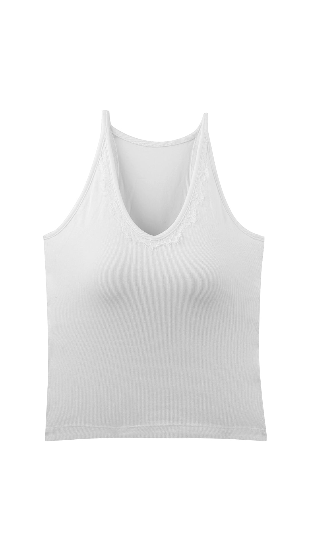 White lace-trim racerback tank top flat lay, front view