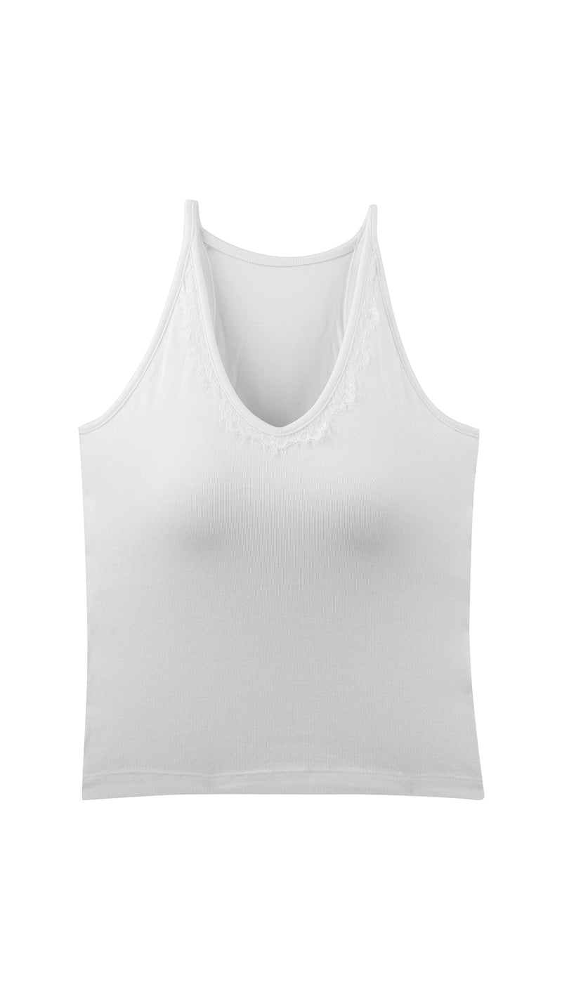 White lace-trim racerback tank top flat lay, front view