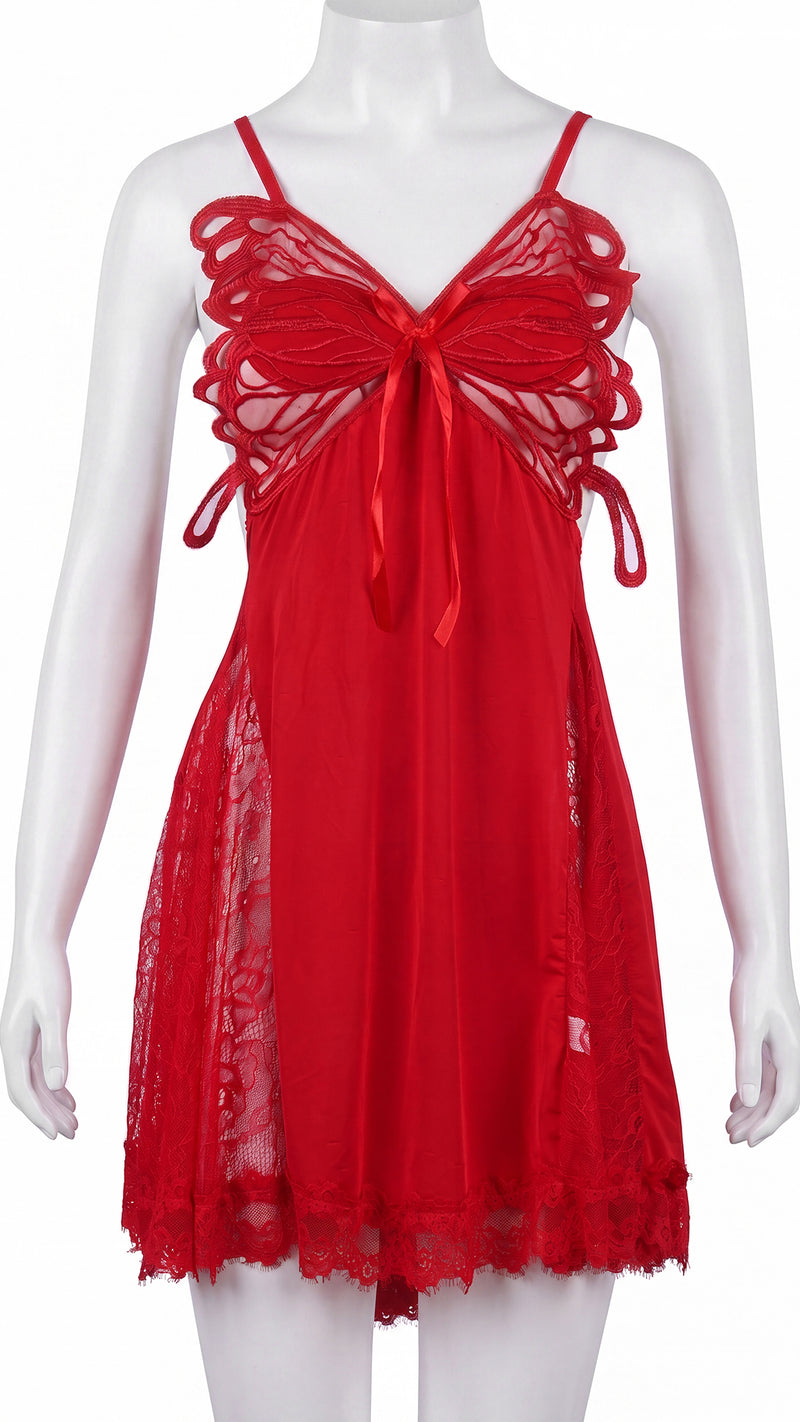 Red lace babydoll dress displayed on mannequin, back view