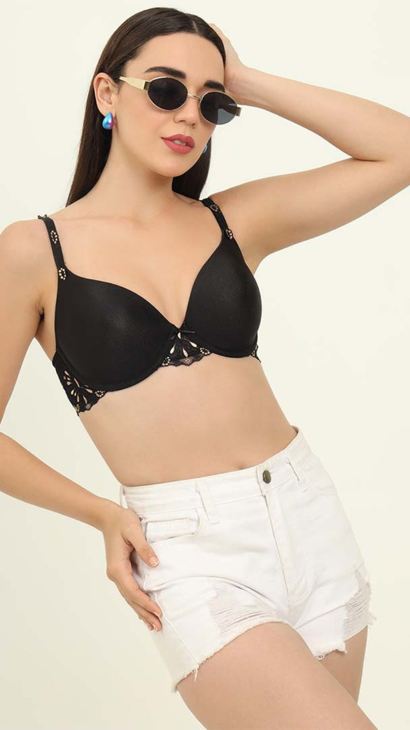 Triumph Black Floral Cutwork Underwired Lightly Padded T-Shirt Bra