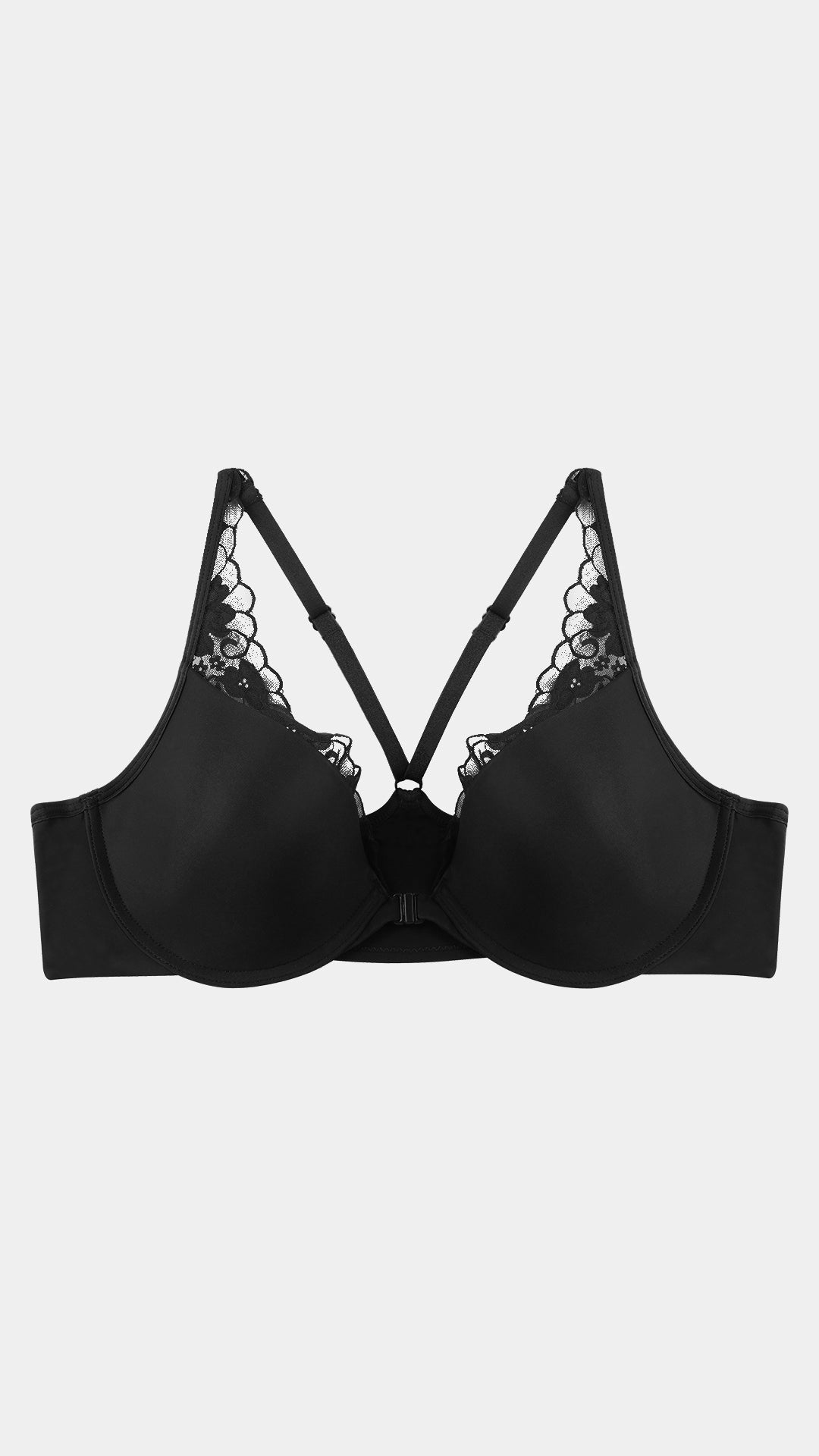 Black Front-Close Plunge Bra with Lace Trim