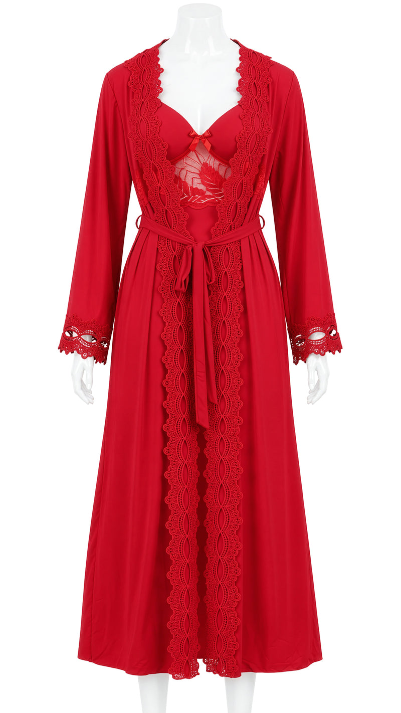Product shot of red lace-trim robe with tie waist on mannequin