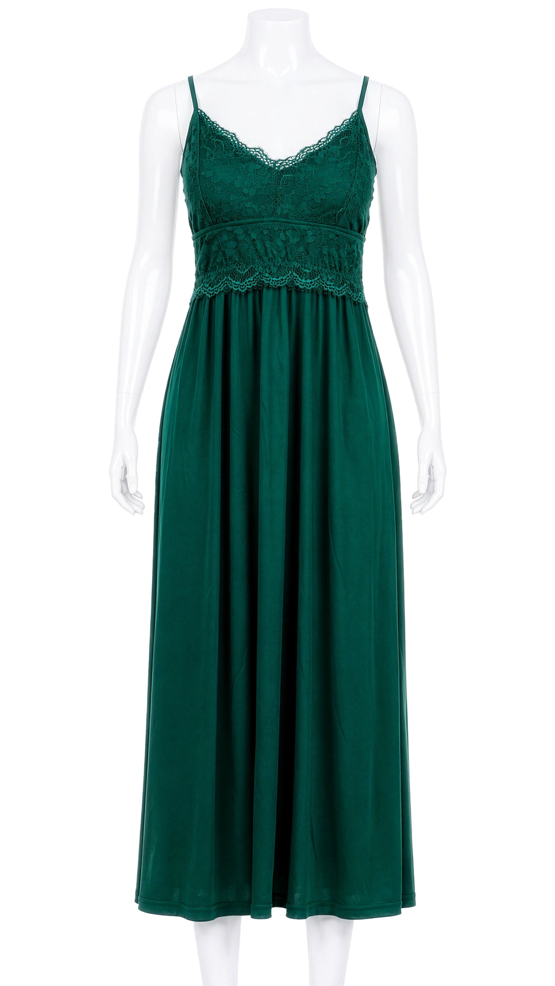 Product shot of emerald green lace nightdress on mannequin, front view