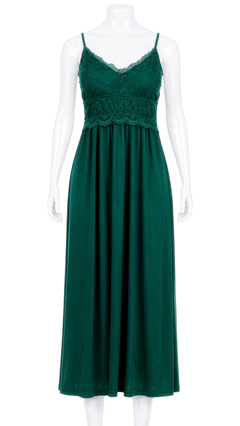 Product shot of emerald green lace nightdress on mannequin, front view
