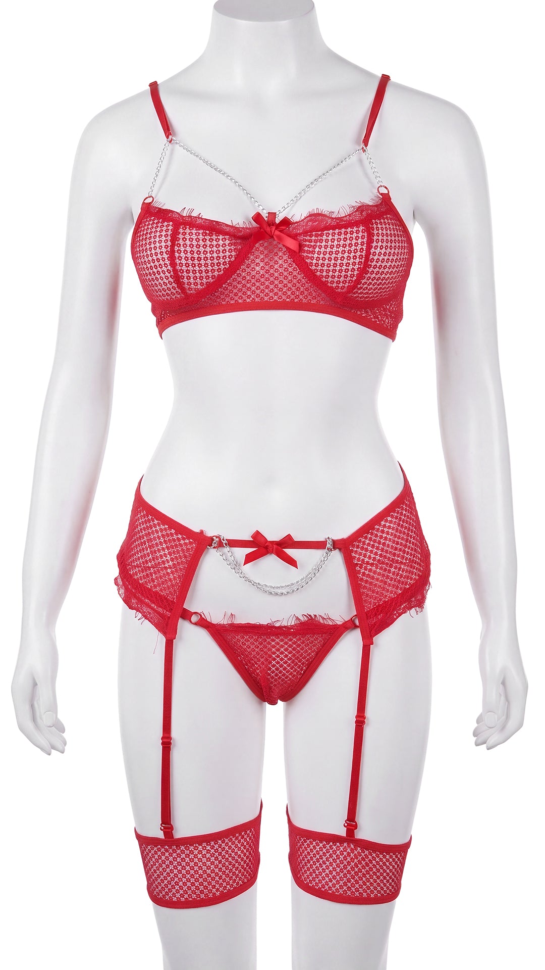 Fishnet bra and garter panty set on mannequin, front view