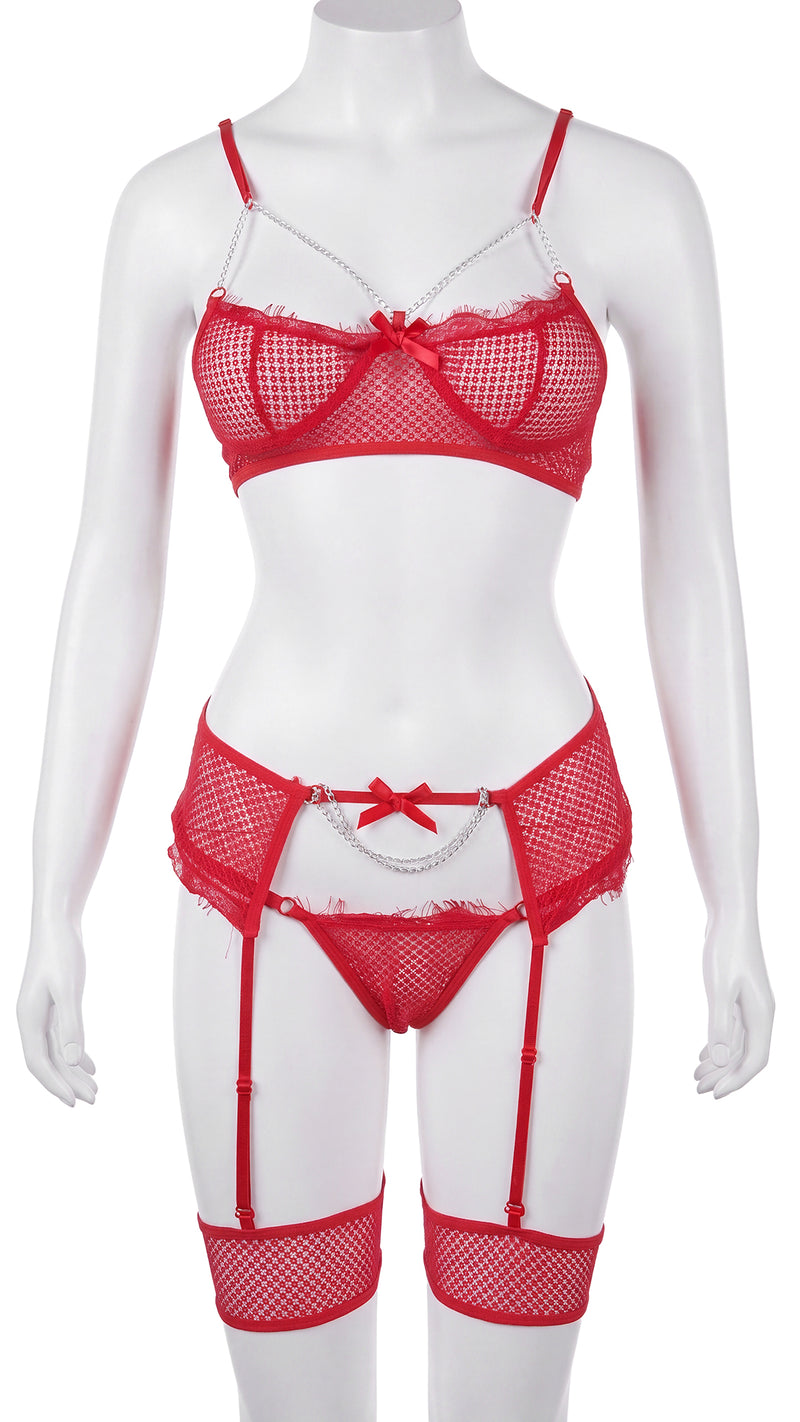 Fishnet bra and garter panty set on mannequin, front view