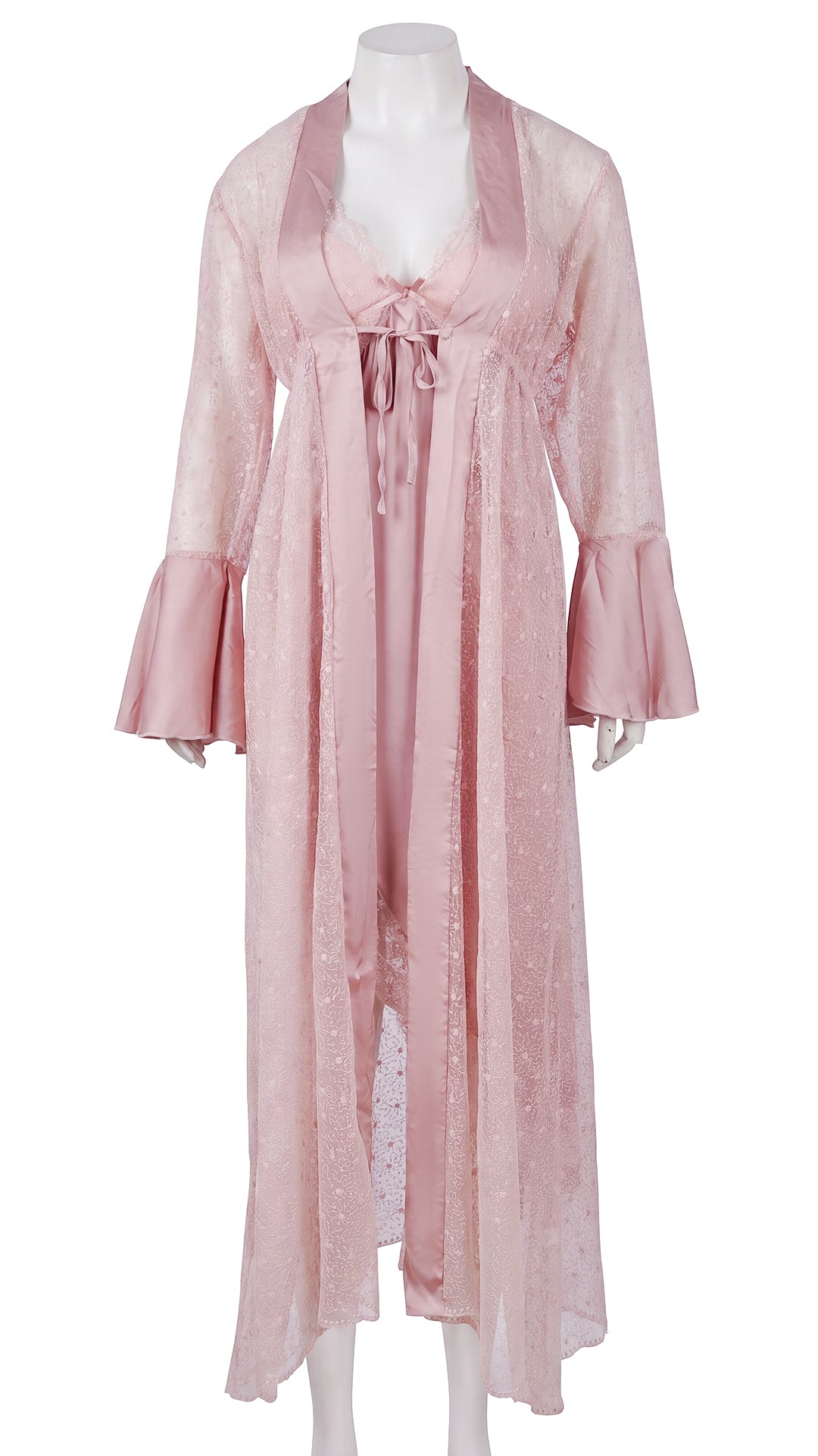 Pink satin nightdress and lace robe set on mannequin, front view