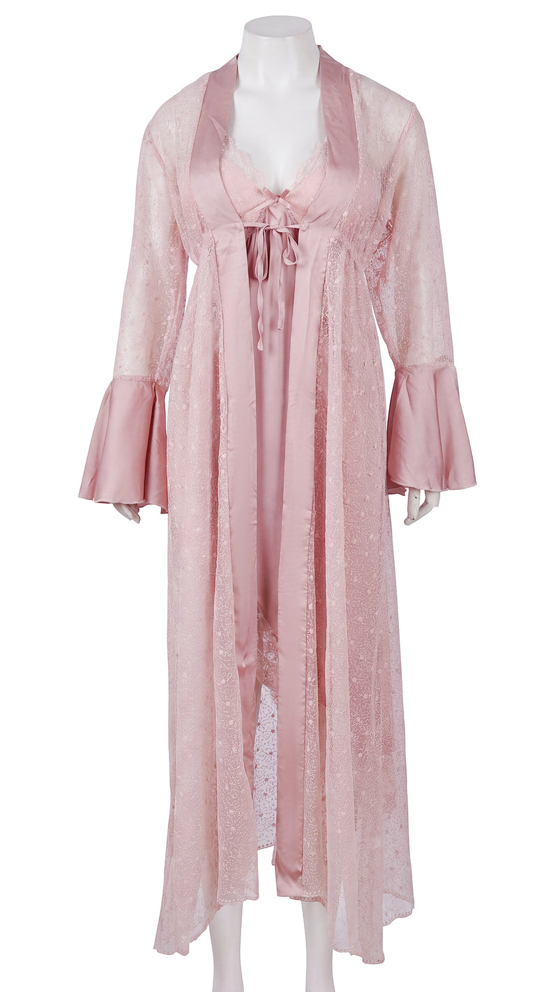Pink satin nightdress and lace robe set on mannequin, front view