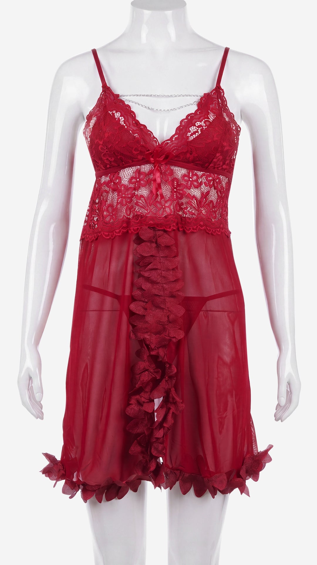 Close-up product shot of red lace babydoll bodice with petal hem detail